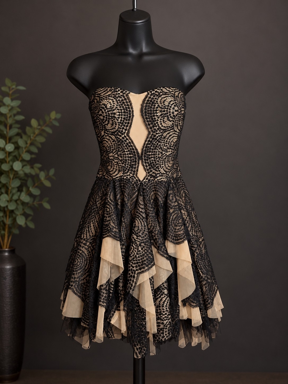 BCBGMaxAzria Black Lace Strapless Cocktail Dress with Nude Illusion